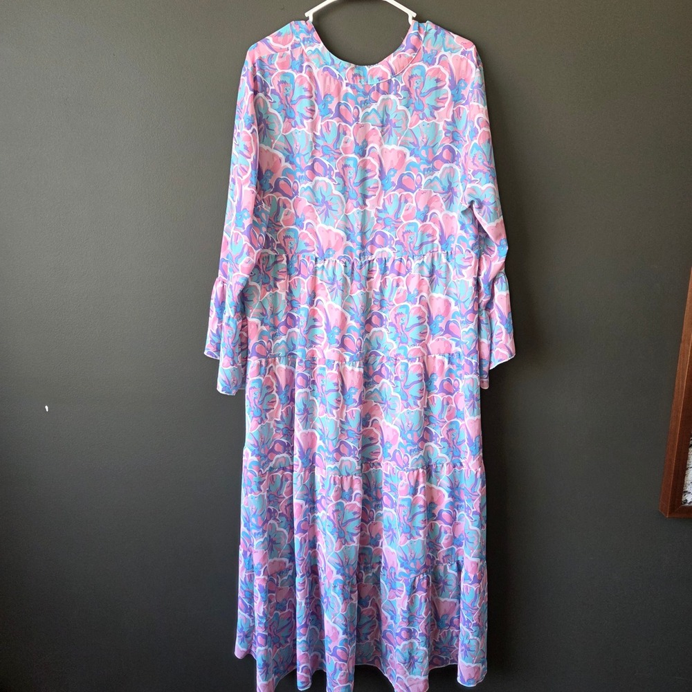 Simply Southern XXL Pink Blue Floral Tiered Maxi Dress Long Bell Sleeve V-Neck - Picture 5 of 8